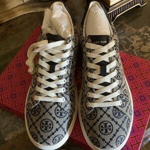 TORY BURCH MILLER LOGO CANVAS NAVY BLUE/WHITE WOMAN SNEAKERS SIZE US 9 N…